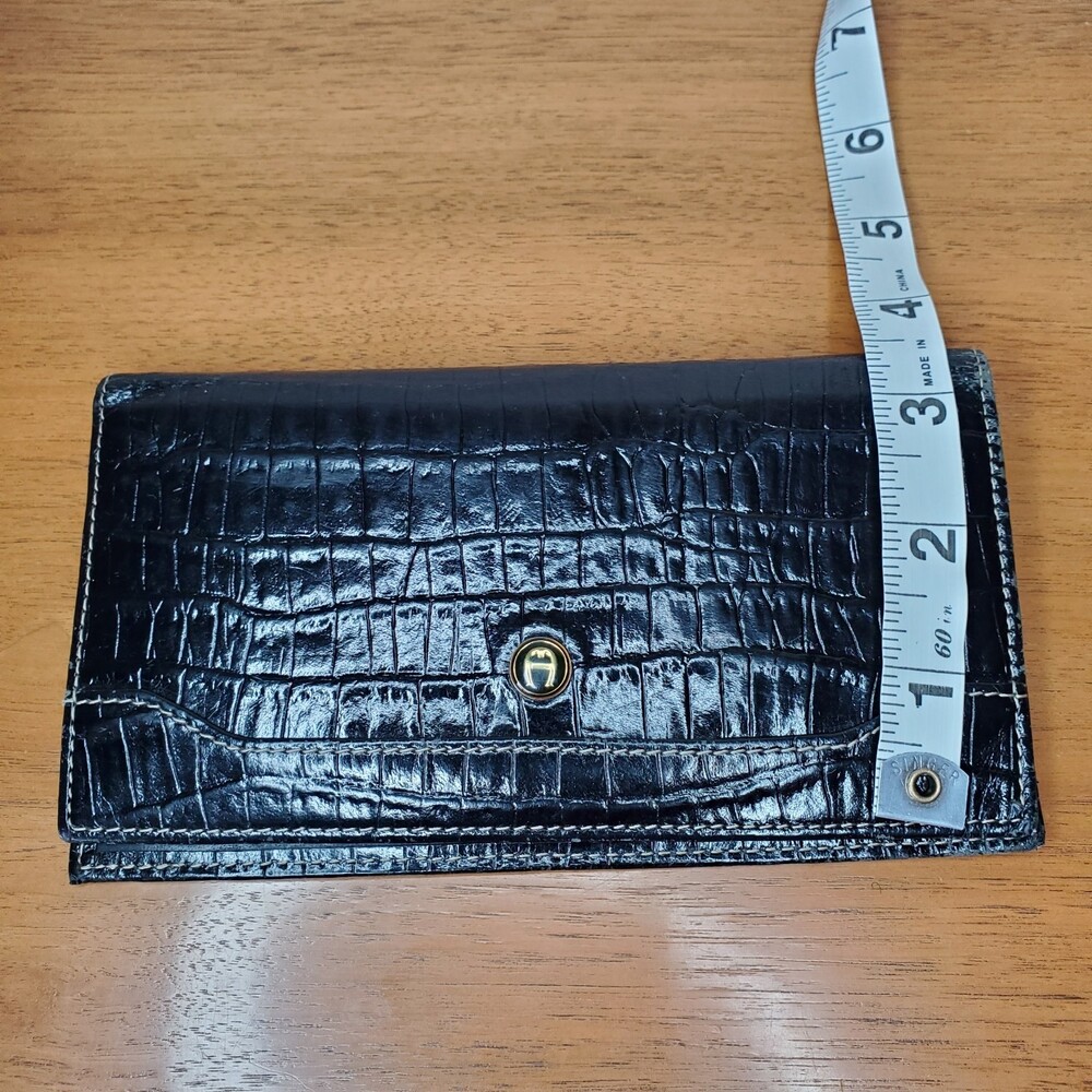 Etienne Aigner Black Leather Croc Print Wallet Vintage Card Holder Check Book - Picture 6 of 7